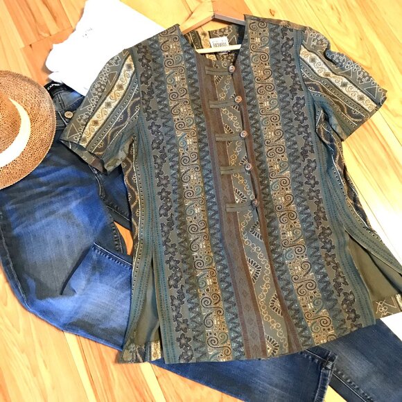 R&M Richards 70s Asian Blouse: Lightweight Tunic Olive Green Gold Size 12 Petite - Picture 6 of 8